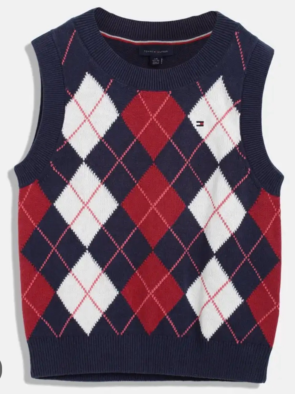 Tommy Hilfiger Girls Navy, Red, Pink & White Argyle Knit Vest